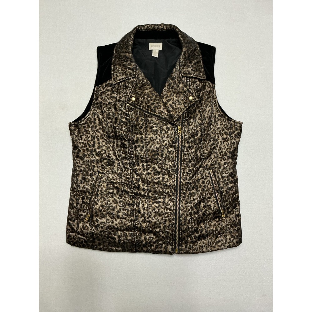 Chico's Size XL Leopard Metallic Velvet Moto Vest Gold Zip Animal Print
